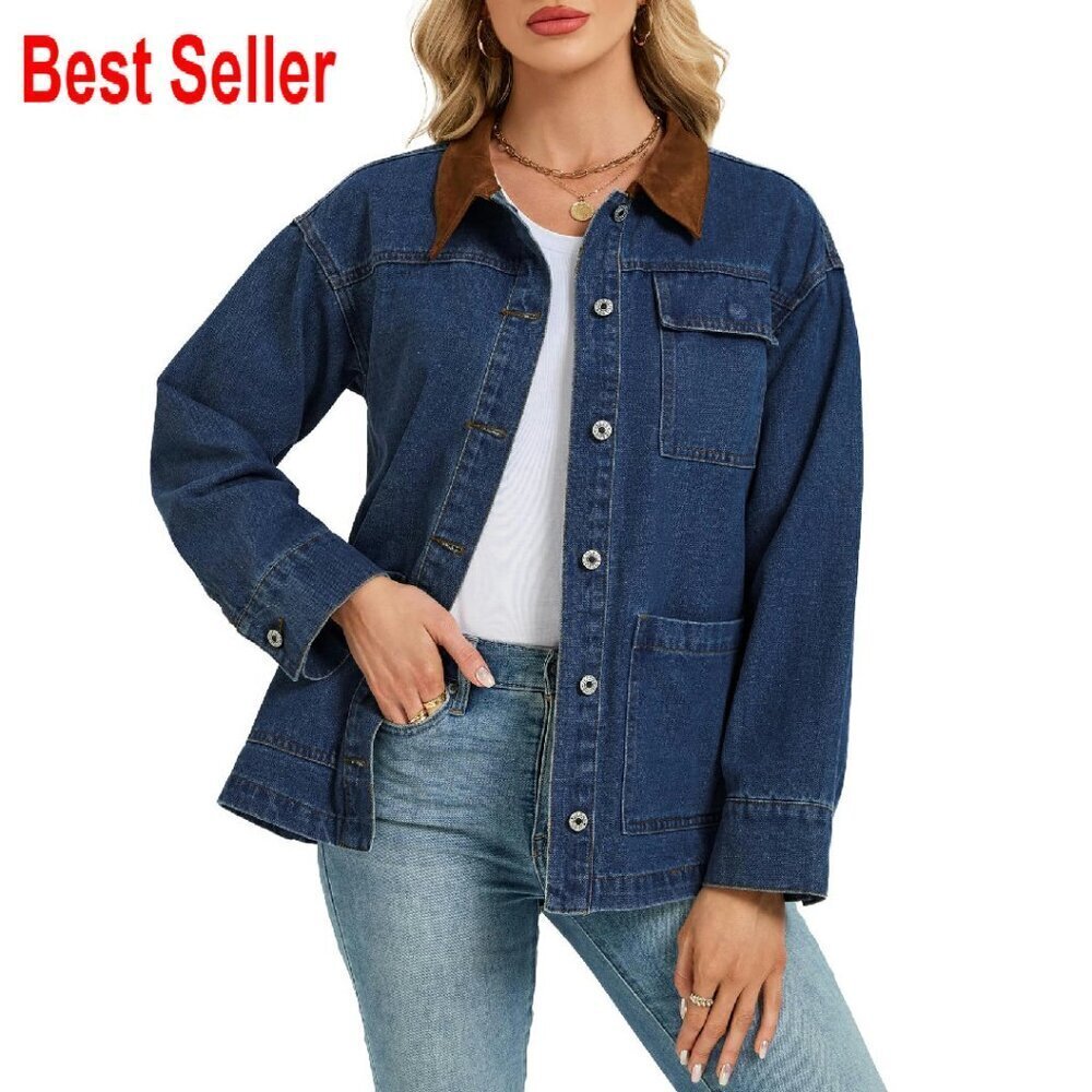 Oversized Denim Jacket Button Up Long Sleeve Faux Suede Collar Barn Coat